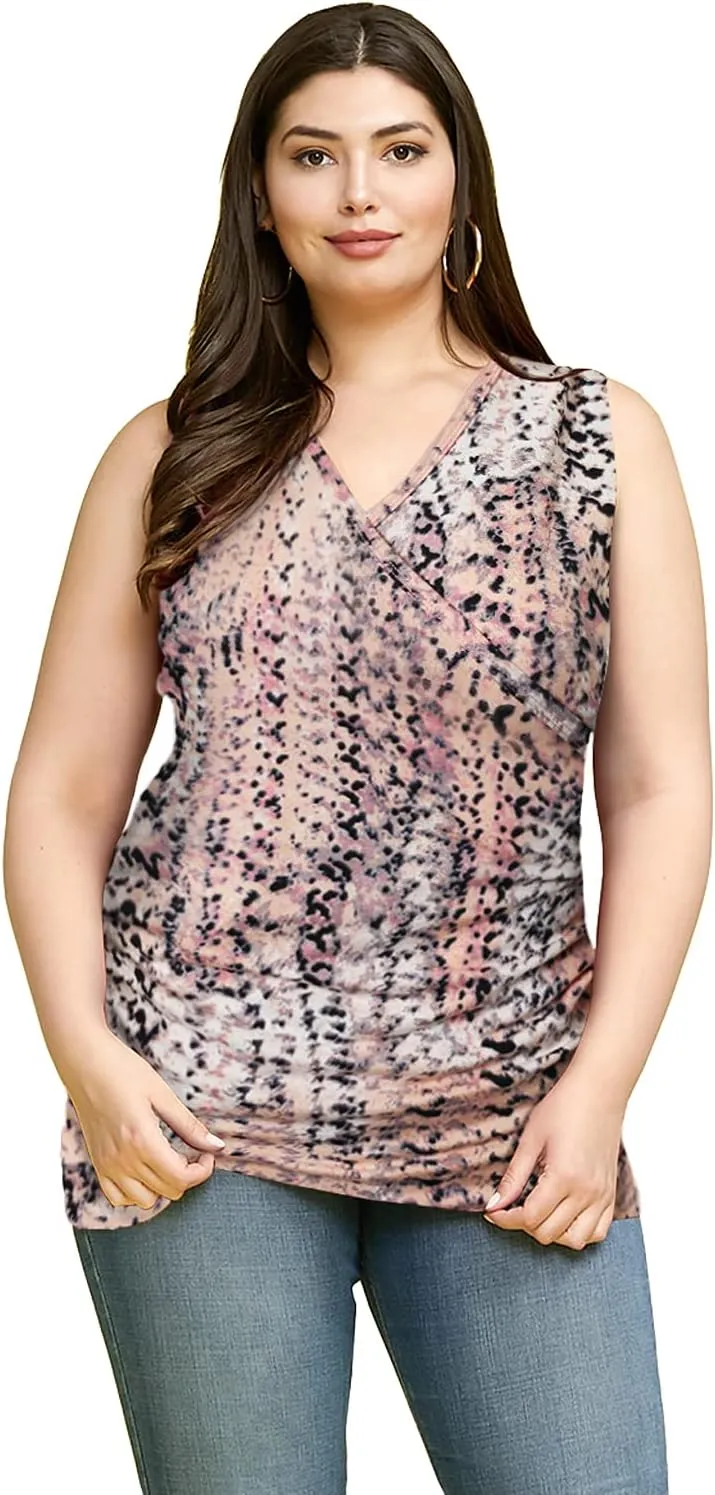 DOUBLJU Tank Tops For Women Cami Deep V Neck Sleeveless Satin Ruched Hem Tops Casual Basic Wrap T Shirts with Plus Size