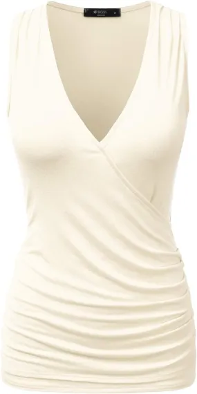 DOUBLJU Tank Tops For Women Cami Deep V Neck Sleeveless Satin Ruched Hem Tops Casual Basic Wrap T Shirts with Plus Size