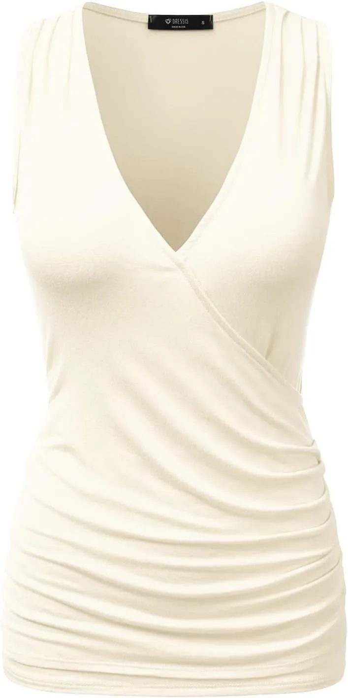 DOUBLJU Tank Tops For Women Cami Deep V Neck Sleeveless Satin Ruched Hem Tops Casual Basic Wrap T Shirts with Plus Size