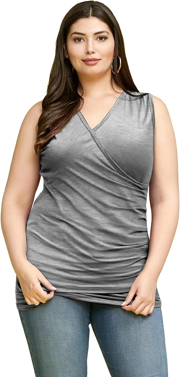 DOUBLJU Tank Tops For Women Cami Deep V Neck Sleeveless Satin Ruched Hem Tops Casual Basic Wrap T Shirts with Plus Size
