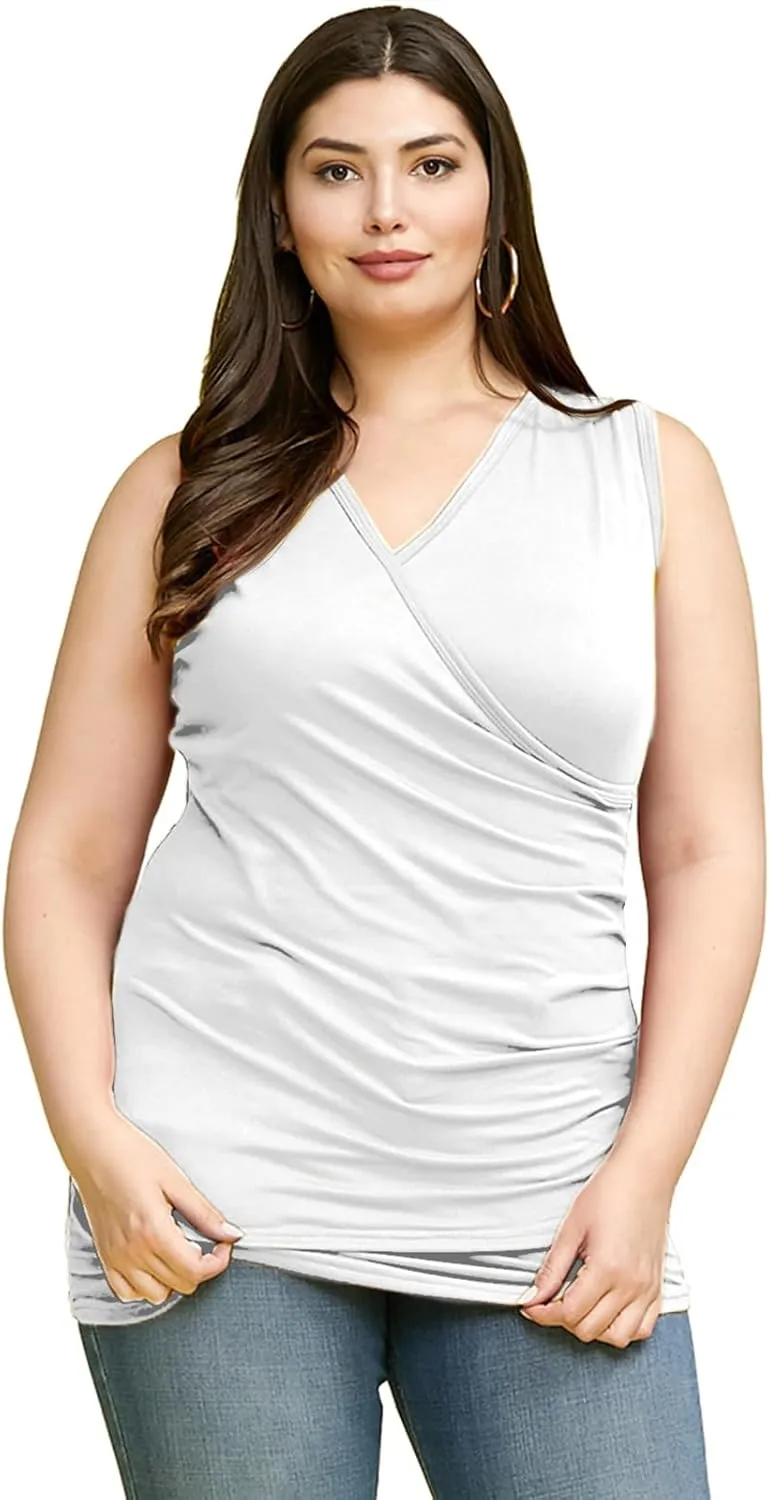 DOUBLJU Tank Tops For Women Cami Deep V Neck Sleeveless Satin Ruched Hem Tops Casual Basic Wrap T Shirts with Plus Size