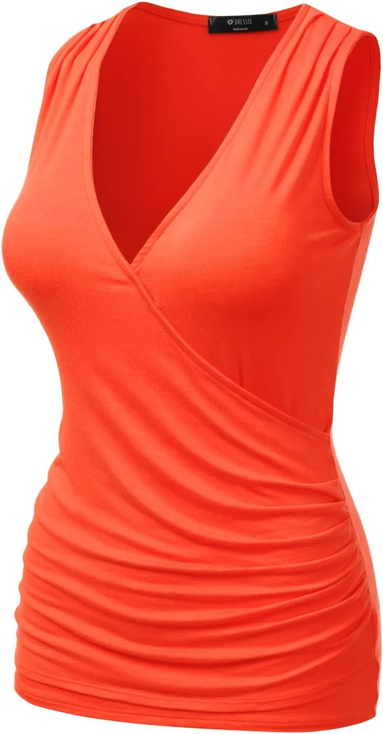 DOUBLJU Tank Tops For Women Cami Deep V Neck Sleeveless Satin Ruched Hem Tops Casual Basic Wrap T Shirts with Plus Size