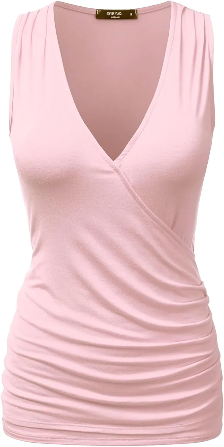DOUBLJU Tank Tops For Women Cami Deep V Neck Sleeveless Satin Ruched Hem Tops Casual Basic Wrap T Shirts with Plus Size