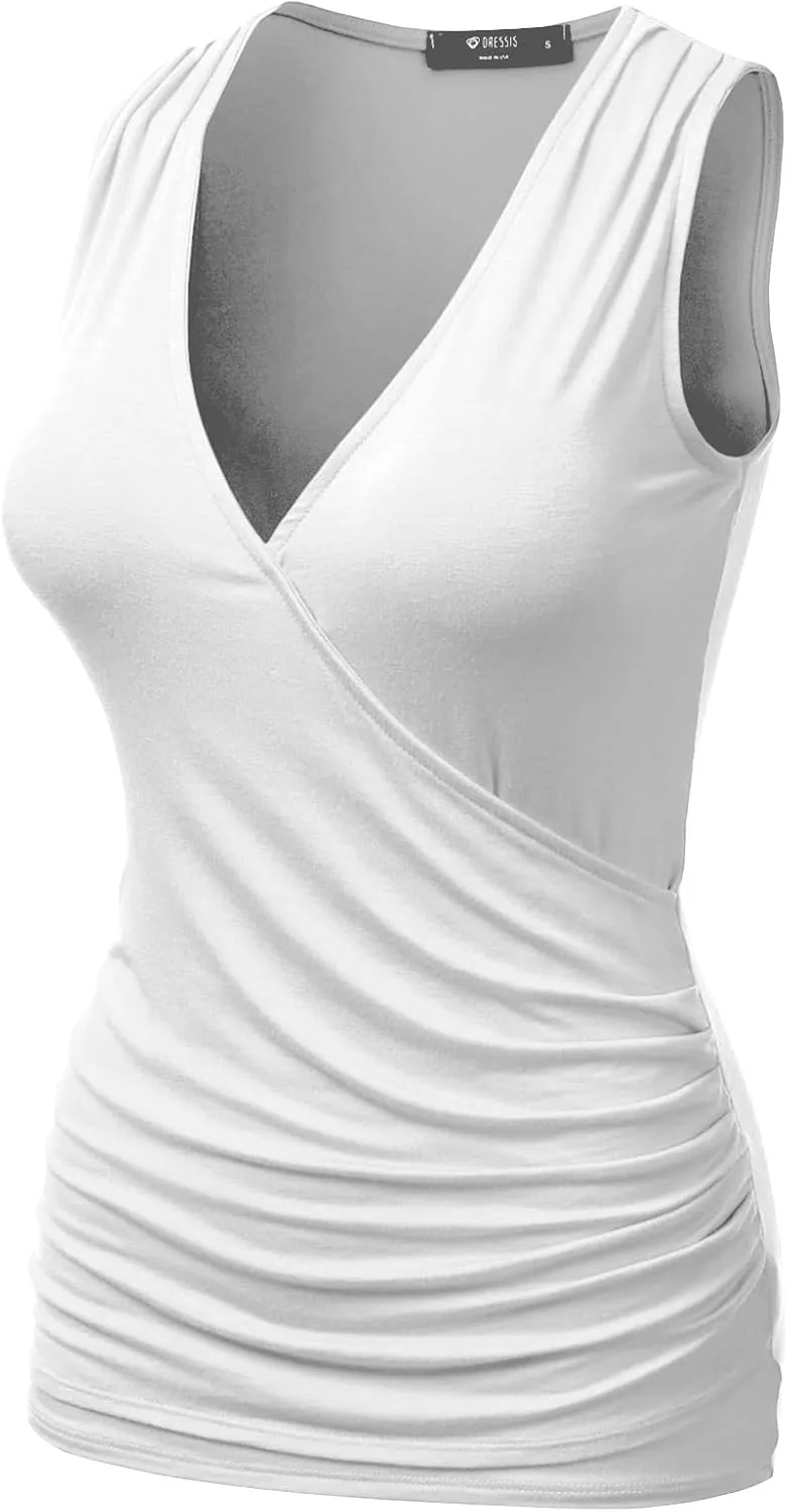 DOUBLJU Tank Tops For Women Cami Deep V Neck Sleeveless Satin Ruched Hem Tops Casual Basic Wrap T Shirts with Plus Size