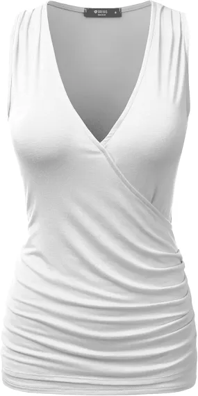 DOUBLJU Tank Tops For Women Cami Deep V Neck Sleeveless Satin Ruched Hem Tops Casual Basic Wrap T Shirts with Plus Size