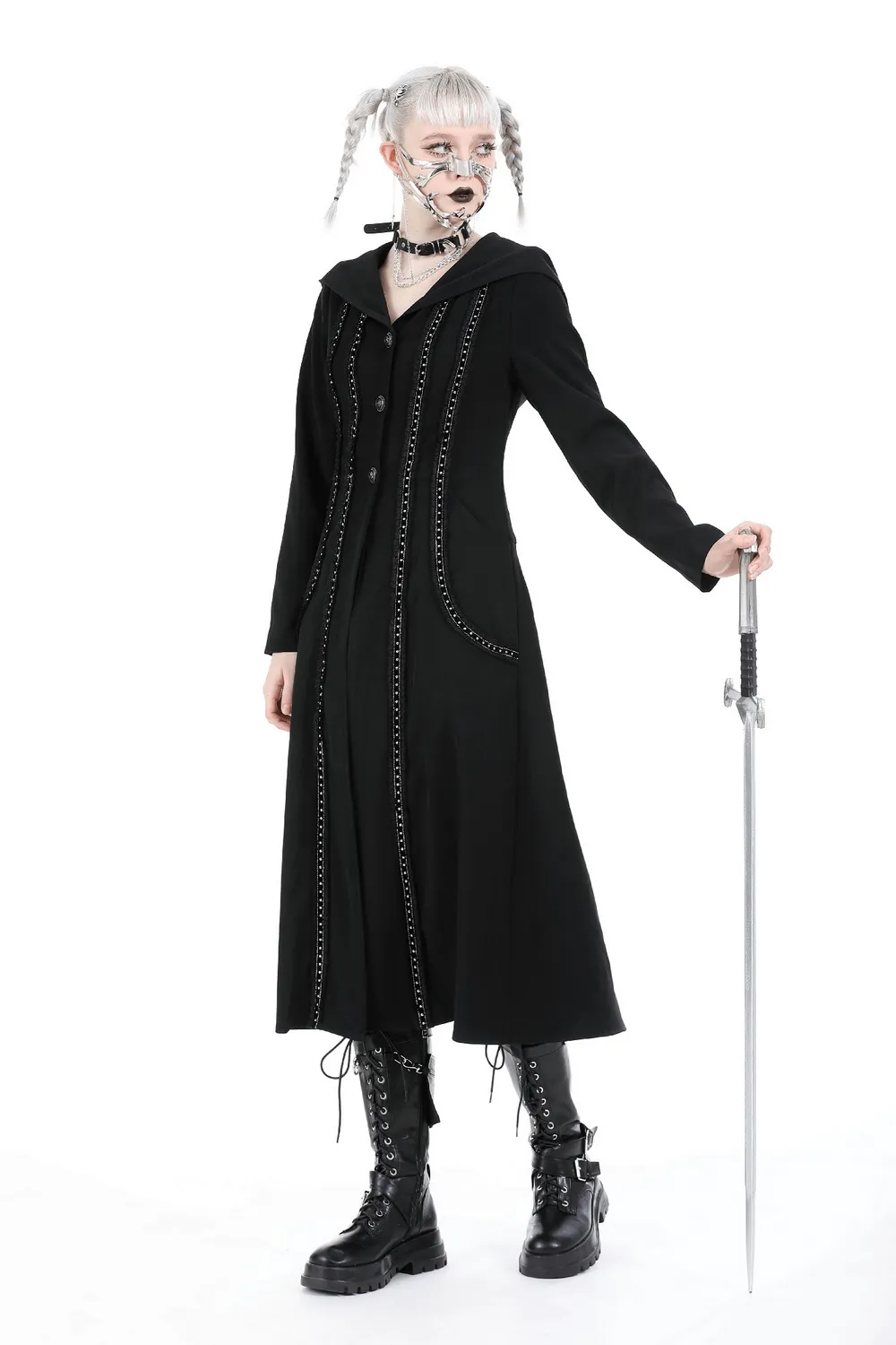 Elegant Gothic Hooded Coat with Lace Detailing