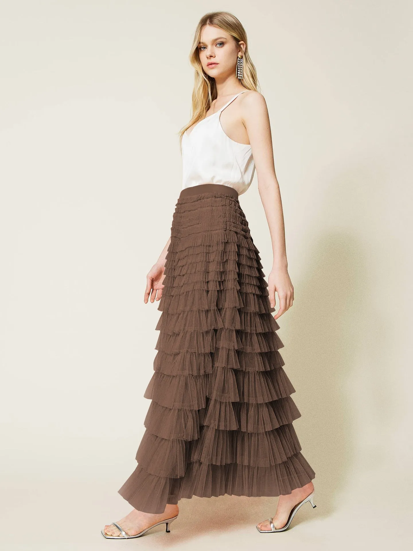 Elegant Solid Color High-Waisted Tulle Puff Skirt