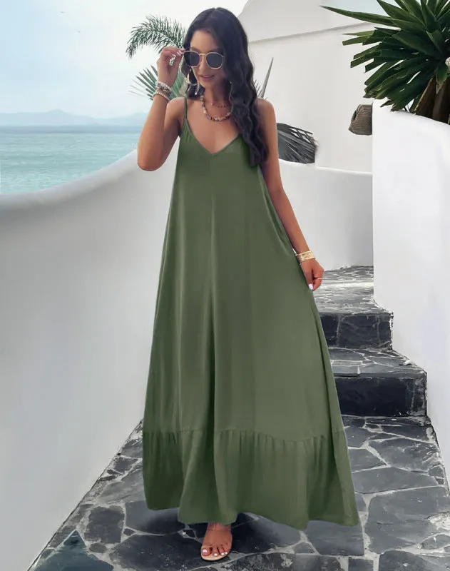 Elegant solid color loose spaghetti strap maxi dress