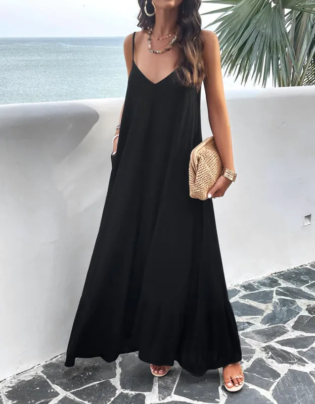 Elegant solid color loose spaghetti strap maxi dress