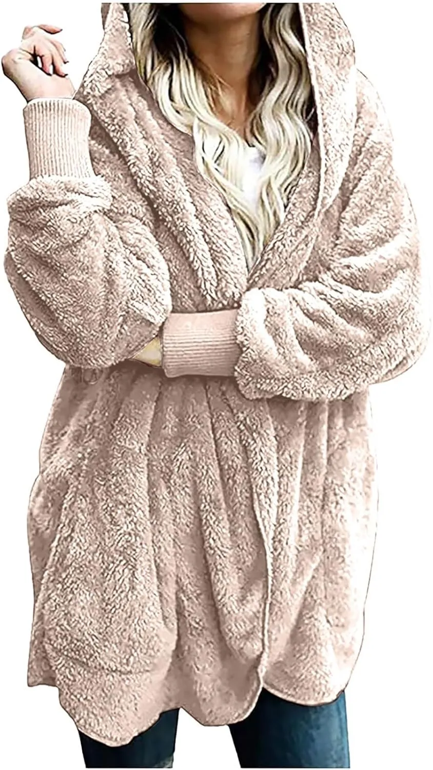 Fleece Jackets for Women Winter Coats with Hood Warm Oversized Fuzzy Jacket Long Cardigan Sweaters Soft Coat