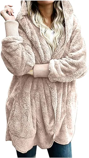 Fleece Jackets for Women Winter Coats with Hood Warm Oversized Fuzzy Jacket Long Cardigan Sweaters Soft Coat