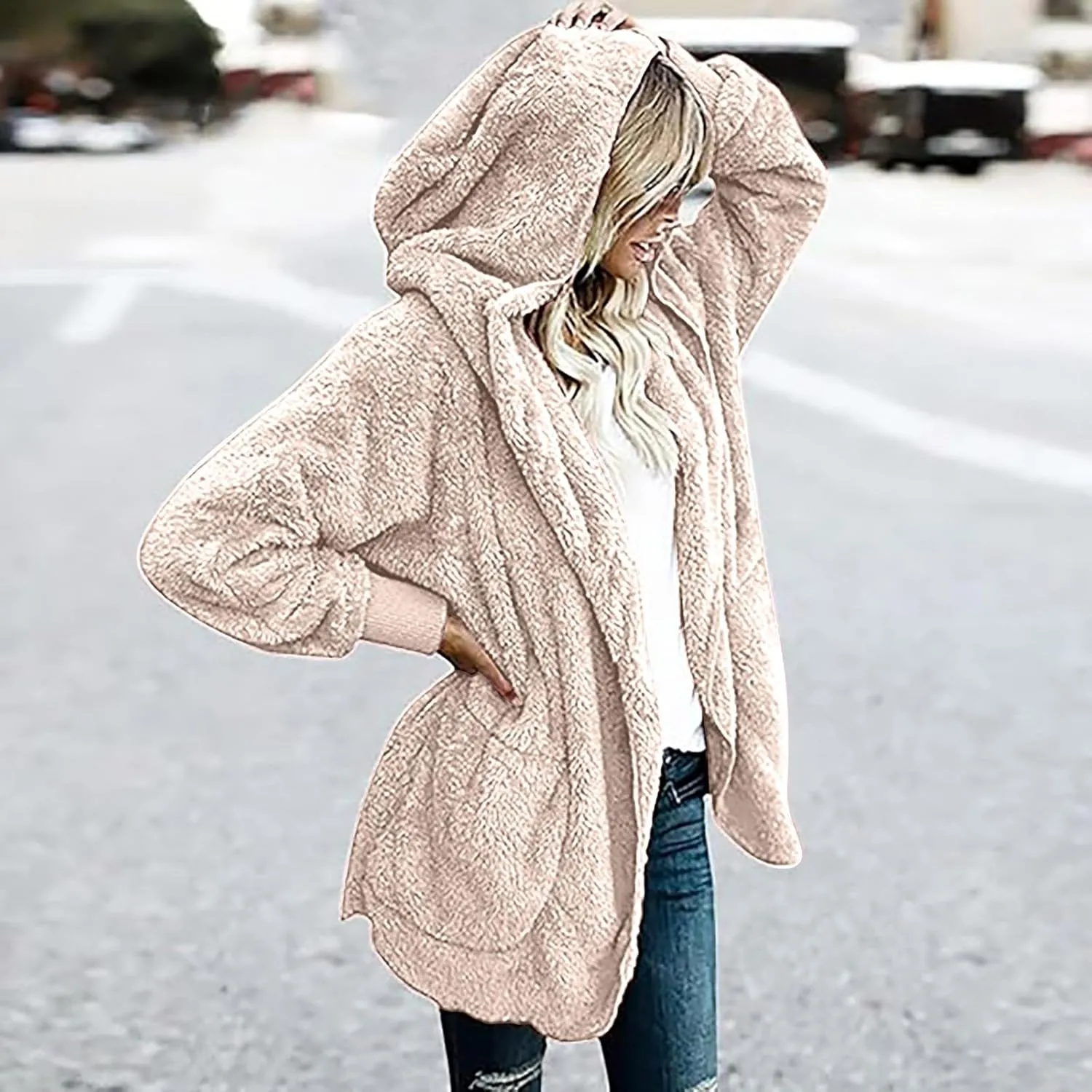 Fleece Jackets for Women Winter Coats with Hood Warm Oversized Fuzzy Jacket Long Cardigan Sweaters Soft Coat