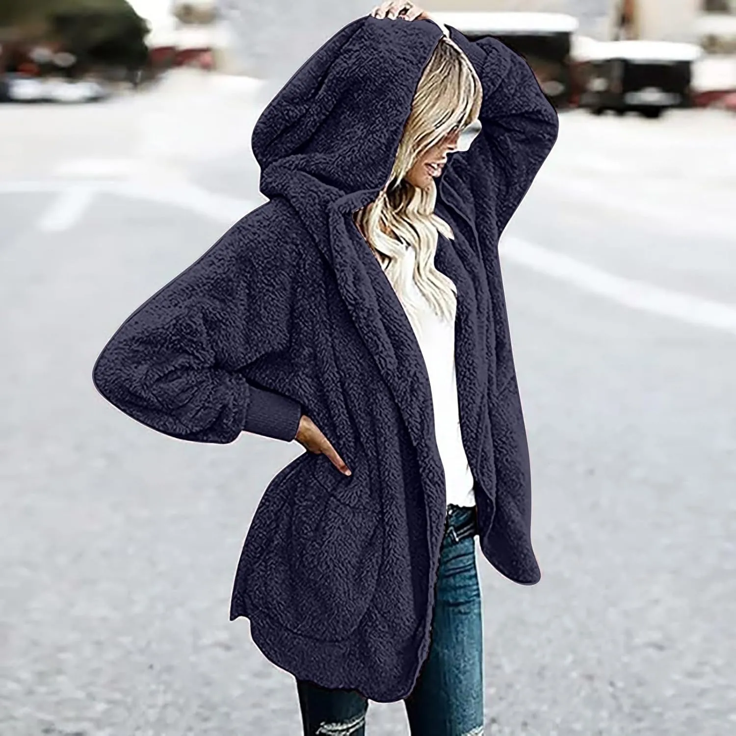 Fleece Jackets for Women Winter Coats with Hood Warm Oversized Fuzzy Jacket Long Cardigan Sweaters Soft Coat