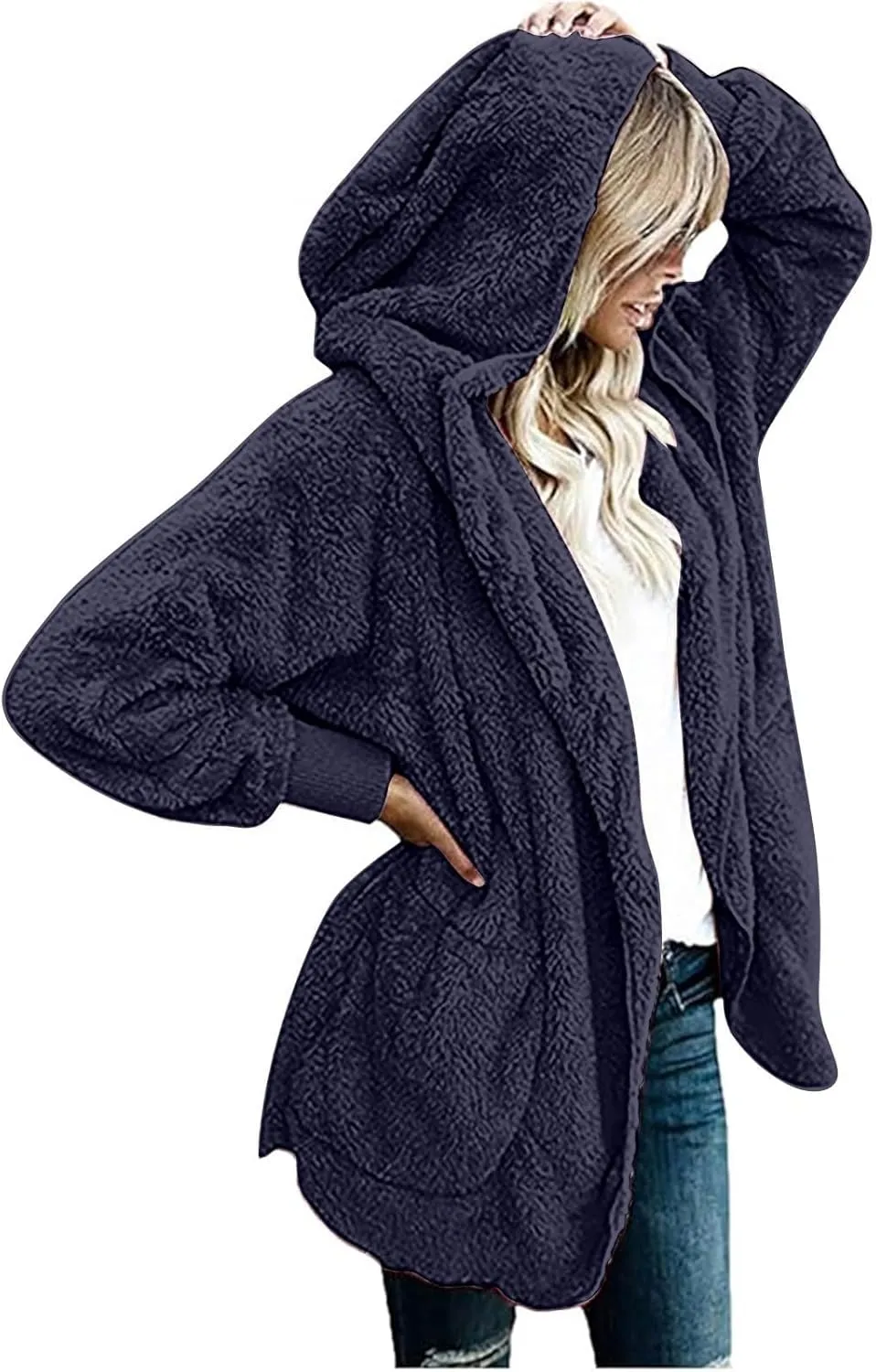 Fleece Jackets for Women Winter Coats with Hood Warm Oversized Fuzzy Jacket Long Cardigan Sweaters Soft Coat