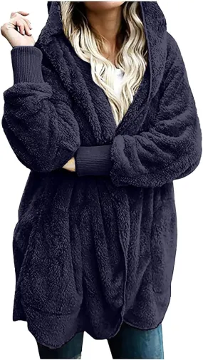 Fleece Jackets for Women Winter Coats with Hood Warm Oversized Fuzzy Jacket Long Cardigan Sweaters Soft Coat
