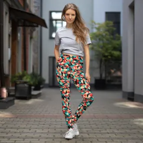 Geometric Red Women's Yoga Leggings, Patterned Colorful Ladies Yoga Pants-Made in USA/EU