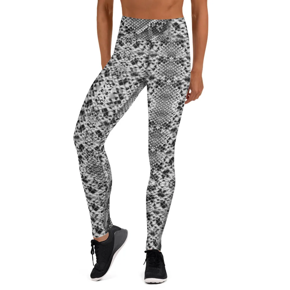 Grey Snakeskin Ladies' Yoga Leggings, Snakeskin Pattern Women's Sports Tights-Made in USA/EU