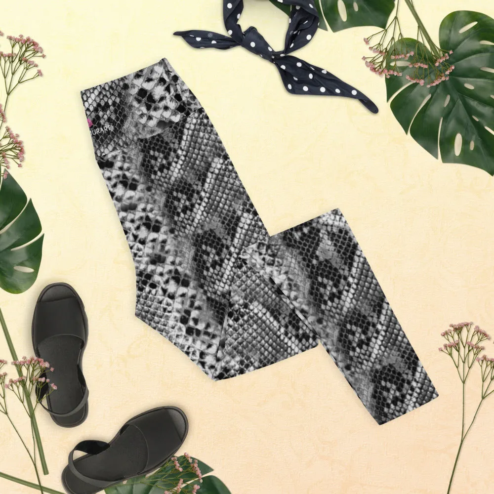 Grey Snakeskin Ladies' Yoga Leggings, Snakeskin Pattern Women's Sports Tights-Made in USA/EU