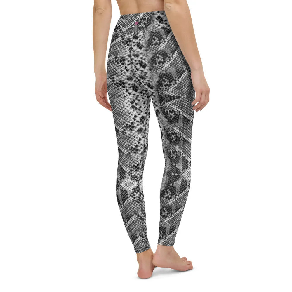 Grey Snakeskin Ladies' Yoga Leggings, Snakeskin Pattern Women's Sports Tights-Made in USA/EU