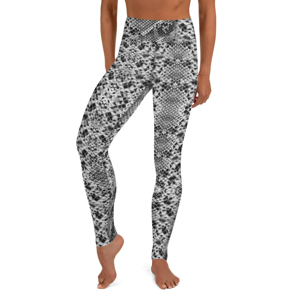 Grey Snakeskin Ladies' Yoga Leggings, Snakeskin Pattern Women's Sports Tights-Made in USA/EU