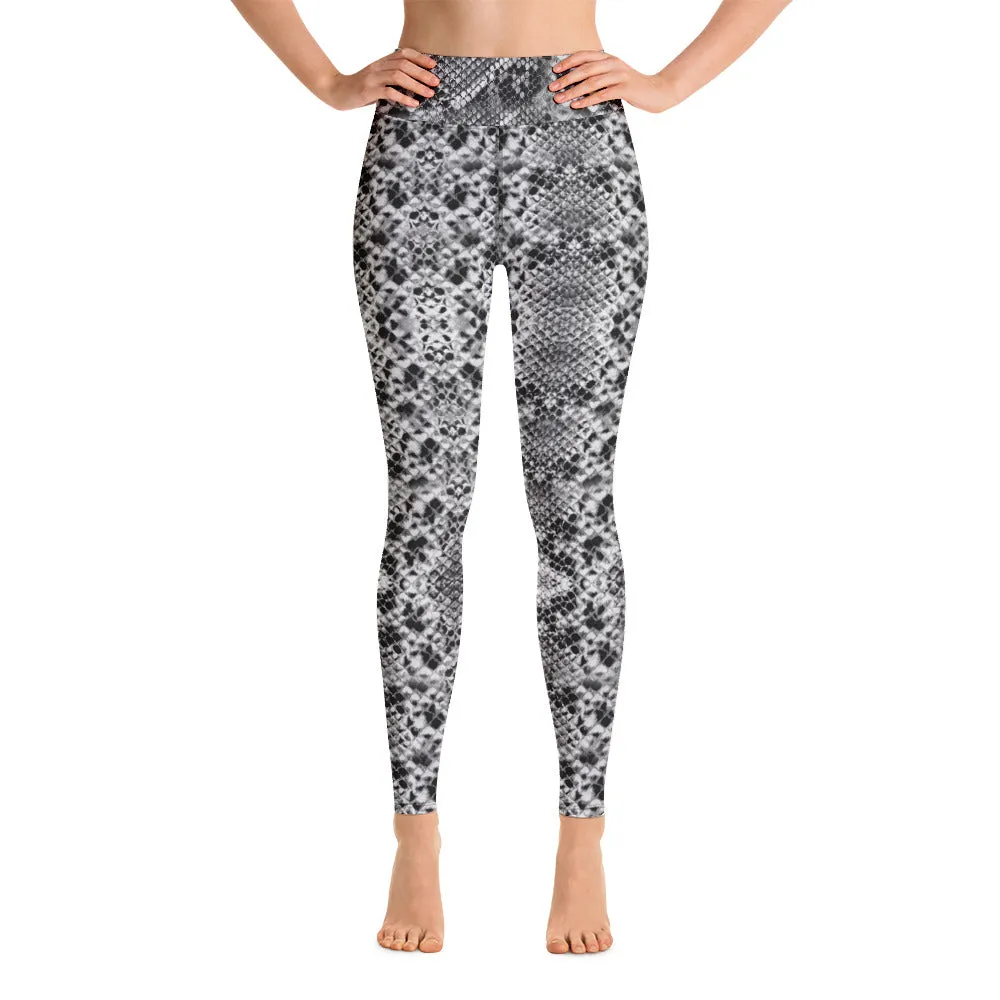 Grey Snakeskin Ladies' Yoga Leggings, Snakeskin Pattern Women's Sports Tights-Made in USA/EU