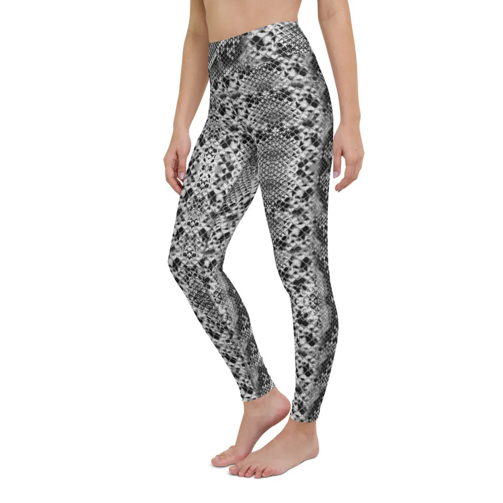 Grey Snakeskin Ladies' Yoga Leggings, Snakeskin Pattern Women's Sports Tights-Made in USA/EU