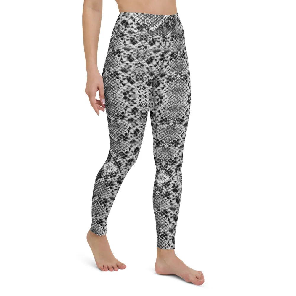 Grey Snakeskin Ladies' Yoga Leggings, Snakeskin Pattern Women's Sports Tights-Made in USA/EU