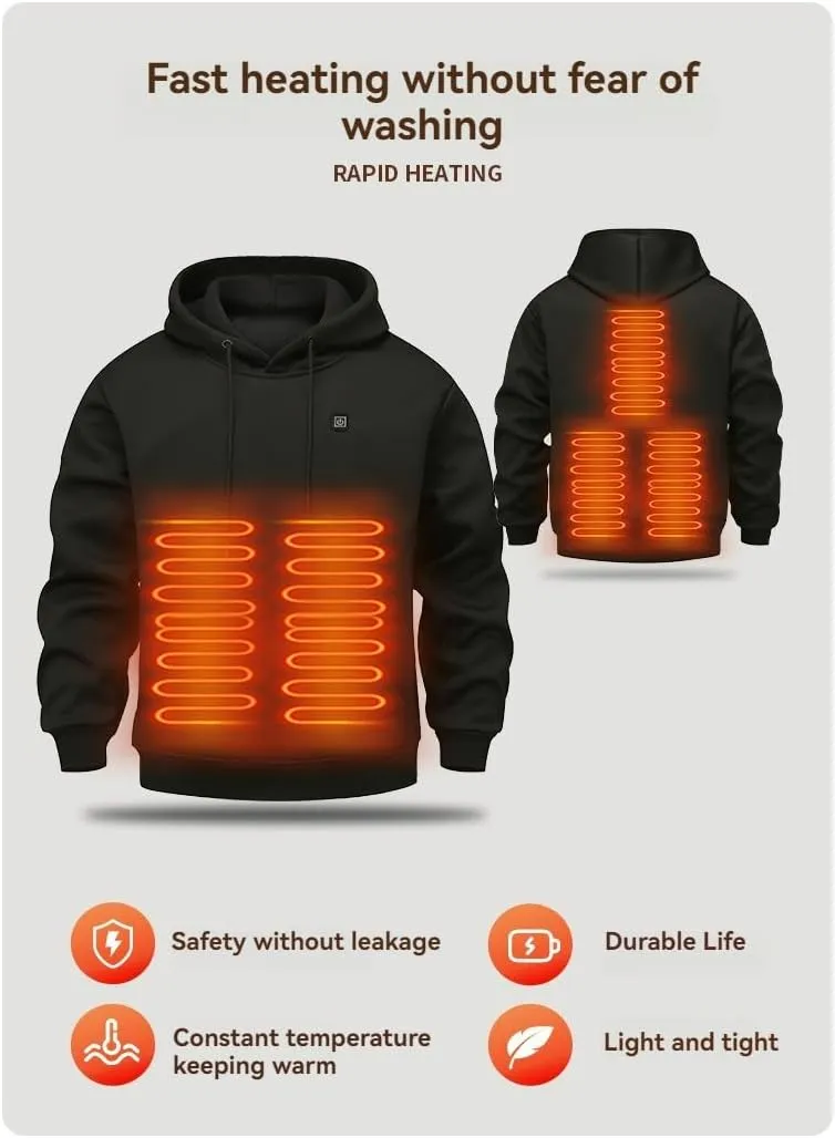 Heated Hoodie Unisex Heated Pullover Sweatshirt Thick Warm Hooded Long Sleeve Casual Tops Heating Coat with USB