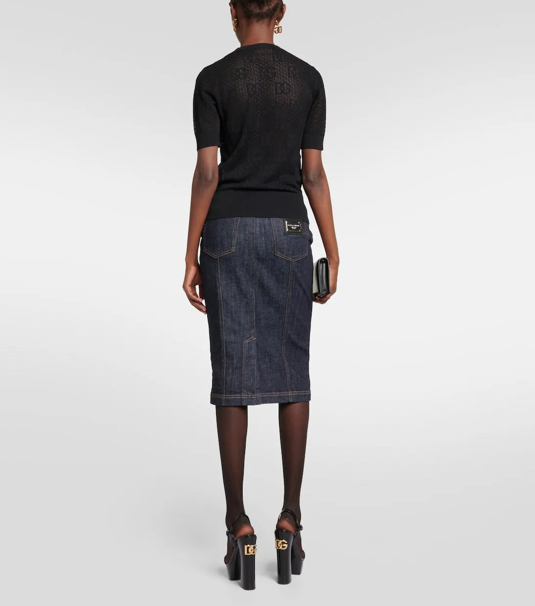 Jacquard sweater with lace embroidery and Dolce&Gabbana logo, black
