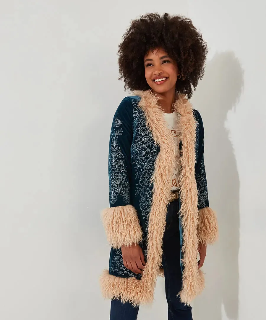 Joe Browns 10 Teal Boho Girl Embroidered Boutique Coat