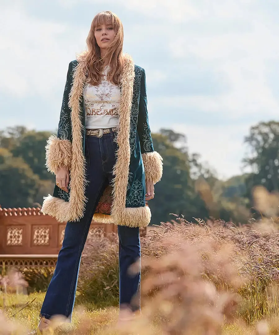 Joe Browns 10 Teal Boho Girl Embroidered Boutique Coat