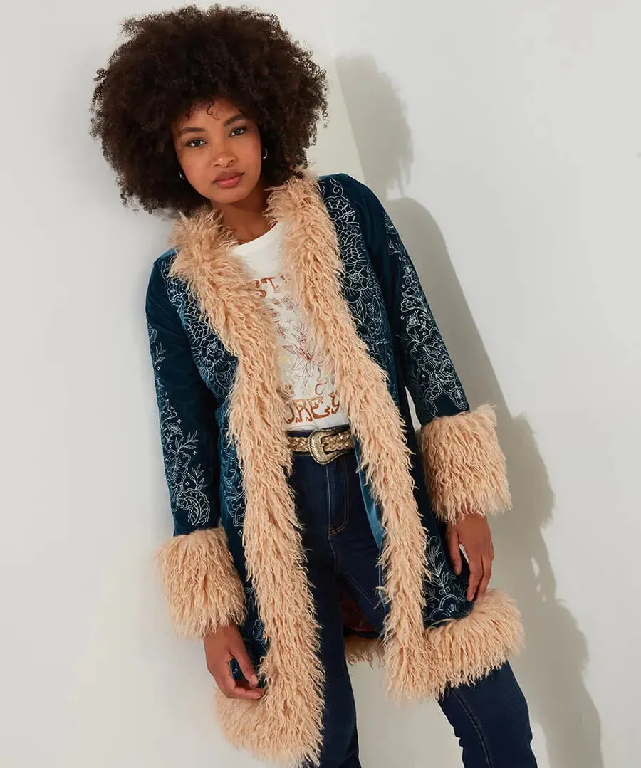 Joe Browns 10 Teal Boho Girl Embroidered Boutique Coat