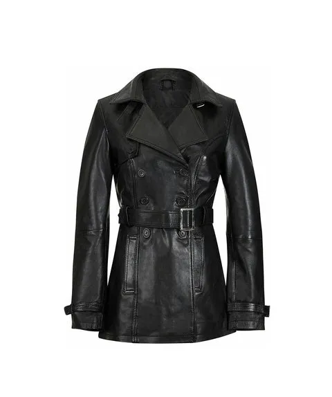 Knee Length Women's Black Leather Trench Coat