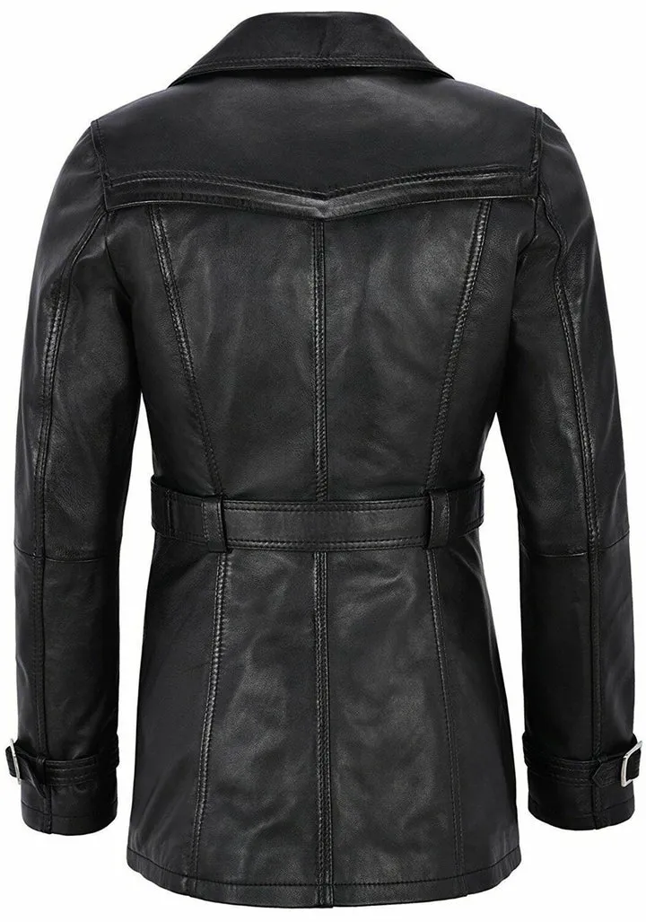 Knee Length Women's Black Leather Trench Coat