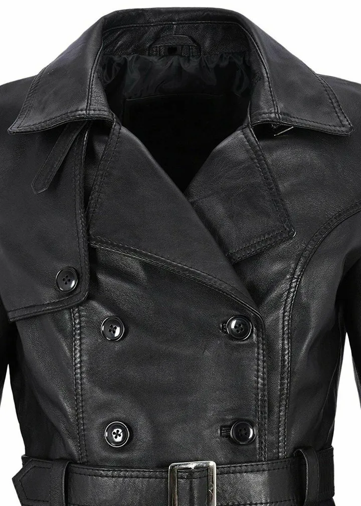 Knee Length Women's Black Leather Trench Coat