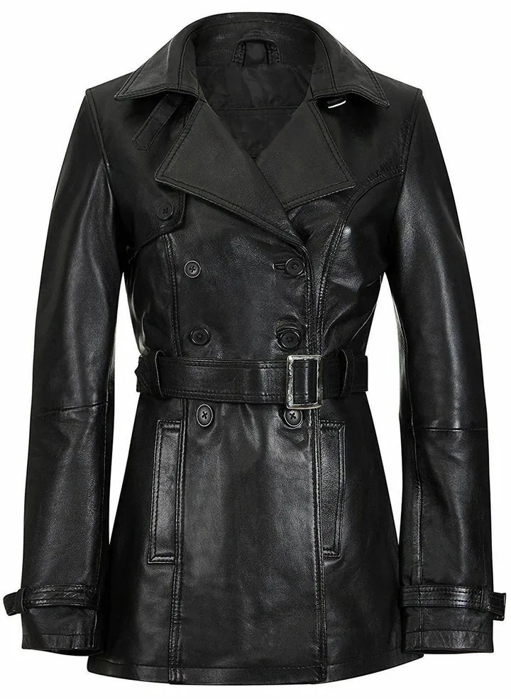 Knee Length Women's Black Leather Trench Coat