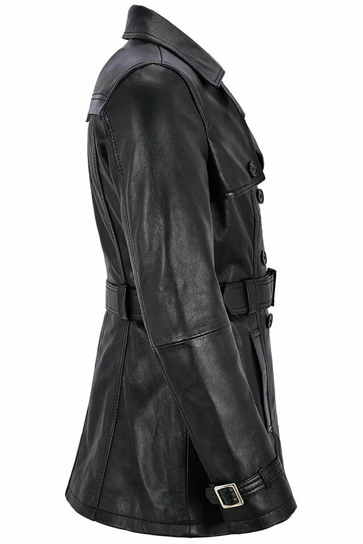 Knee Length Women's Black Leather Trench Coat