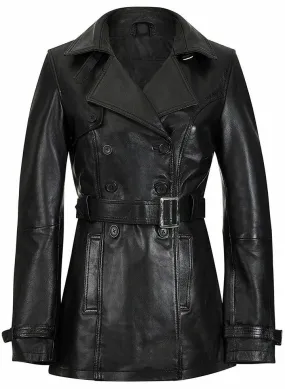 Knee Length Women's Black Leather Trench Coat