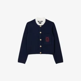 Knit cardigan with frill collar and embroidered Sandro logo, bleus