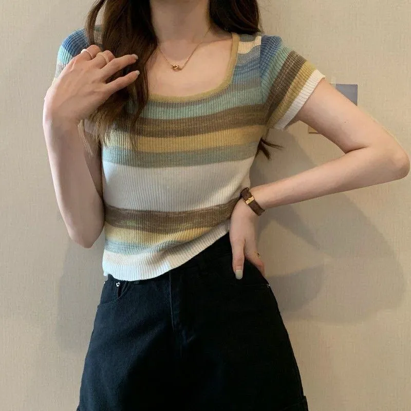 Knitted Slimming Cropped Stripe Slim-Fit Colorful Square Collar Short Sleeve Tee
