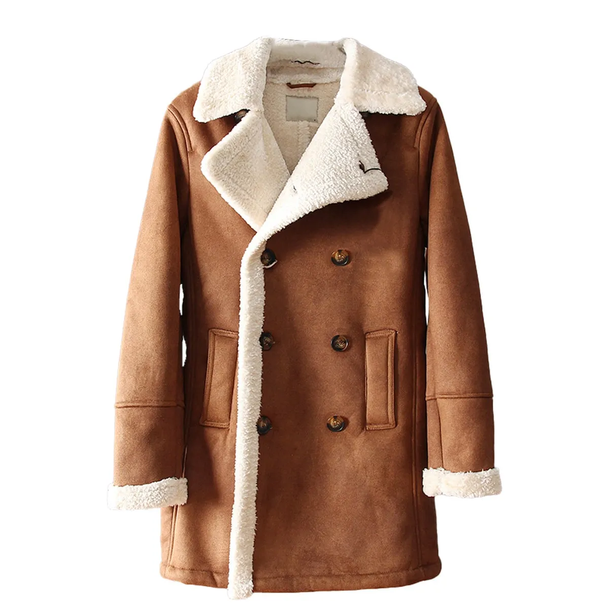 Men’s Brown Suede Sherpa Shearling Faux Fur Lined Double Breasted Lapel Collar Winter Warm Casual Classic Rugged Trench Coat