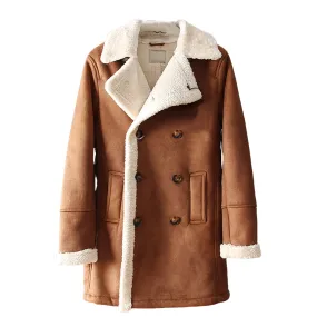 Men’s Brown Suede Sherpa Shearling Faux Fur Lined Double Breasted Lapel Collar Winter Warm Casual Classic Rugged Trench Coat