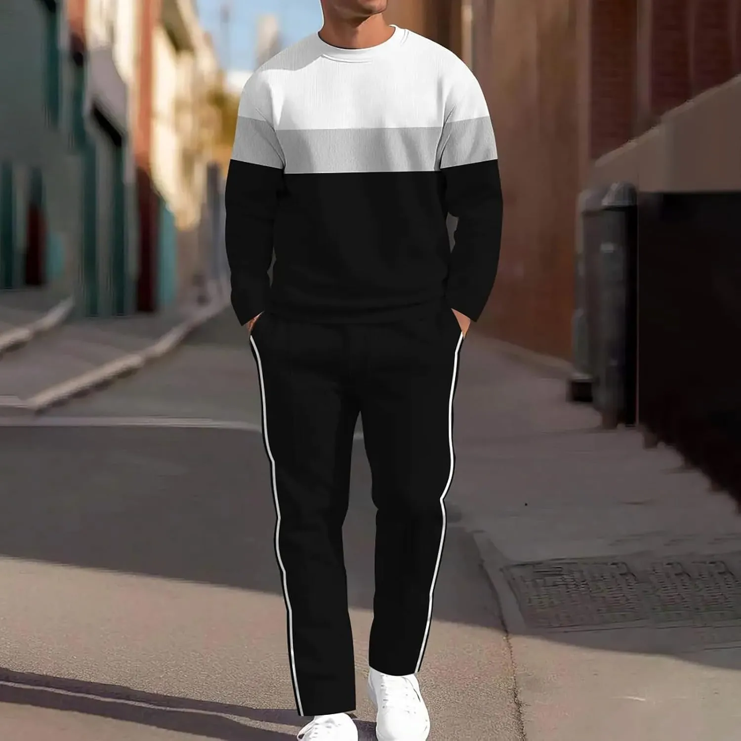 Men's Casual Tracksuit Athletic Sweatsuits Suit Roll Sleeve Shirt Pants Set Men's Tracksuit Sweatsuits 2 Piece Set