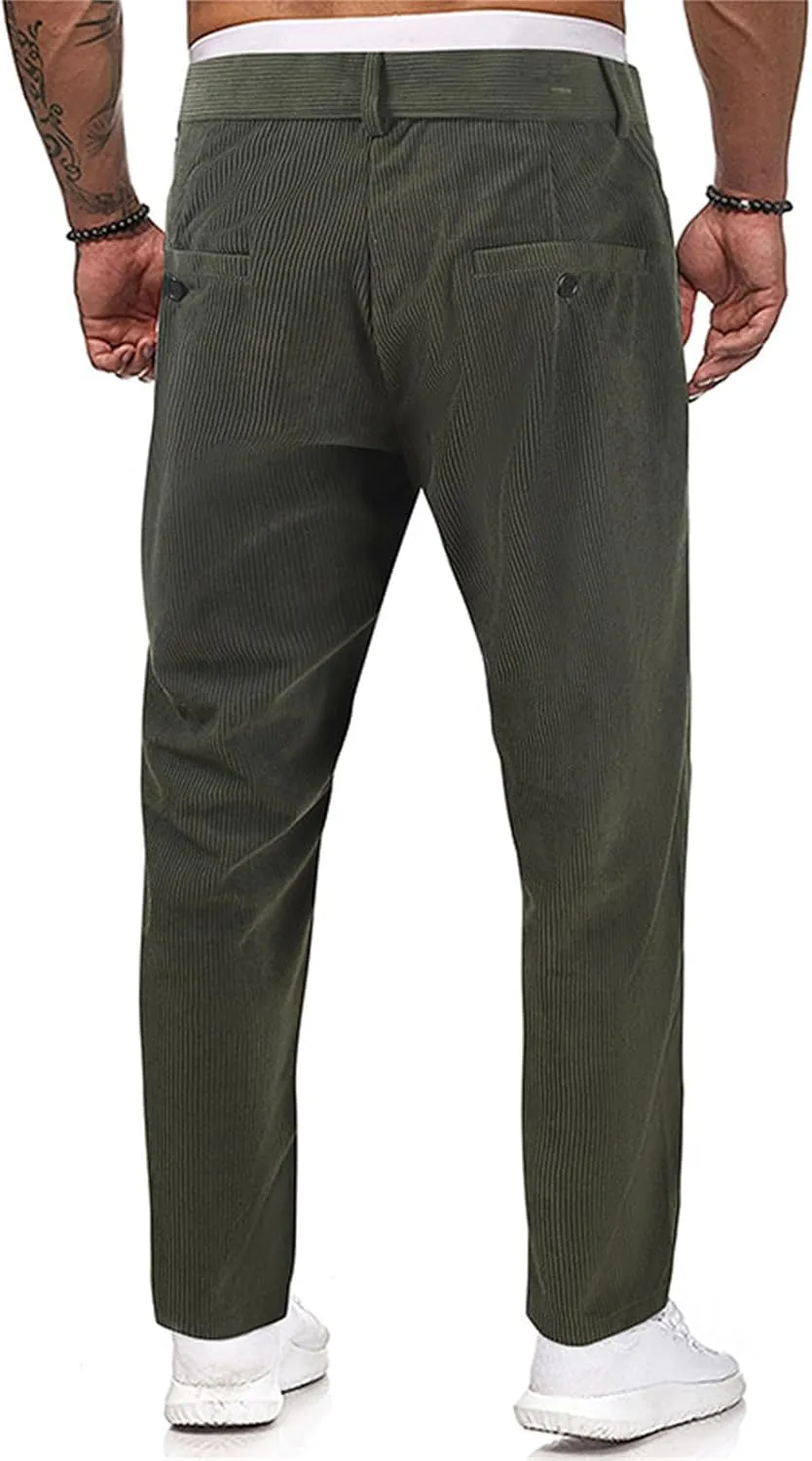 Mens Corduroy Pants Elastic Waist Stretch Casual Trendy Lightweight Fit Classic Solid Pants Workout Business Trousers