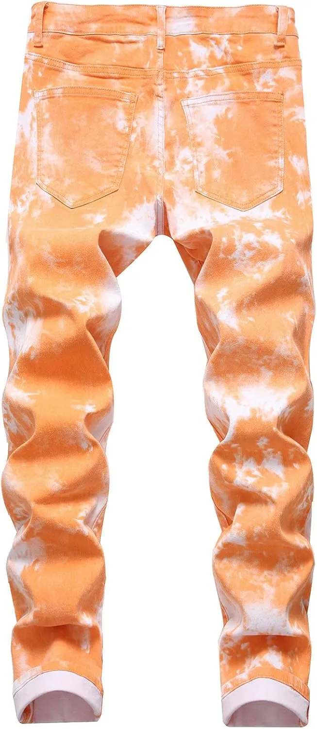 Men's Printed Skinny Stretch Jeans Slim Fit Comfort Straight Leg Denim Pants Classic Casual Vintage Jean Trousers
