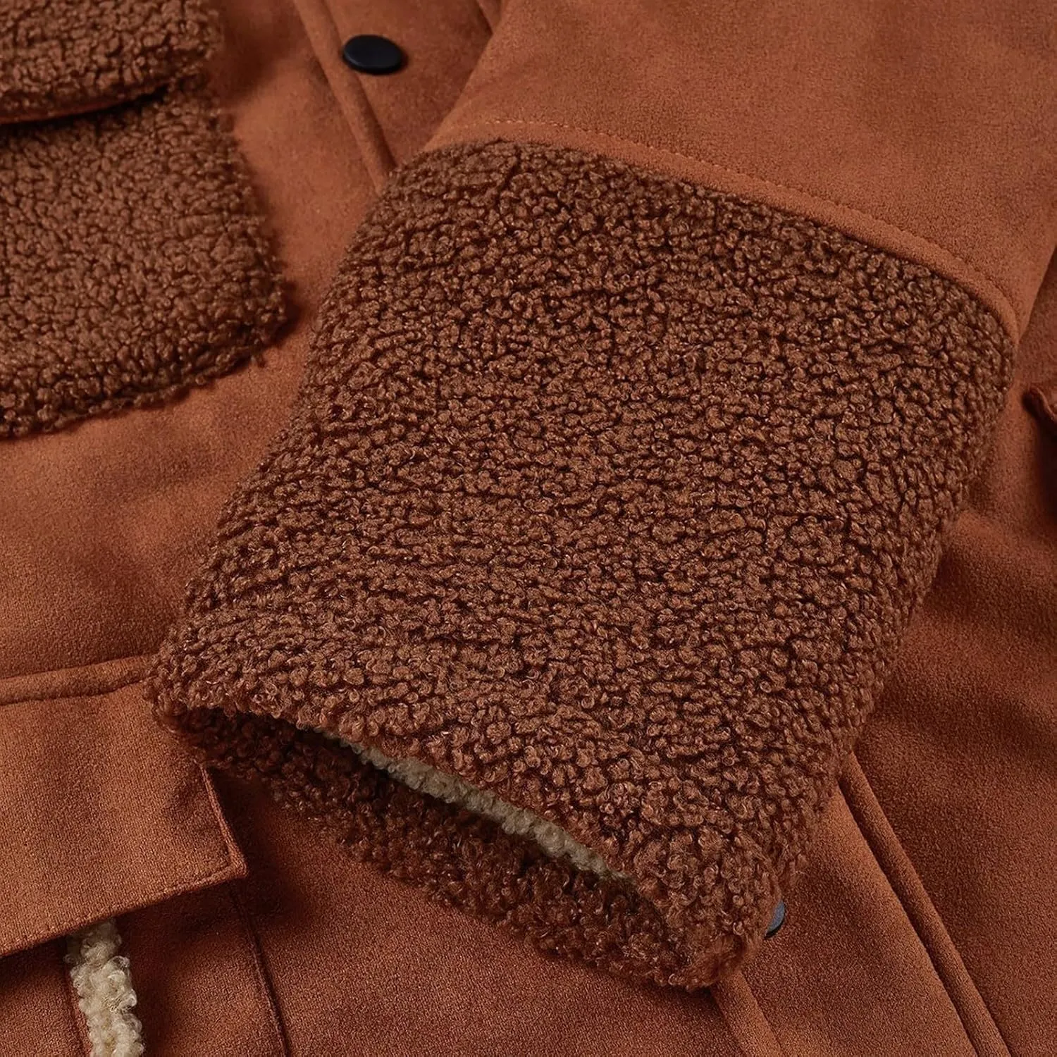 Men's Winter Sherpa Lined Jackets Shearing Collar Suede Leather Trucker Coats Long Sleeve Fleece Fuzzy Work Jacket