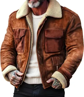 Men's Winter Sherpa Lined Jackets Shearing Collar Suede Leather Trucker Coats Long Sleeve Fleece Fuzzy Work Jacket