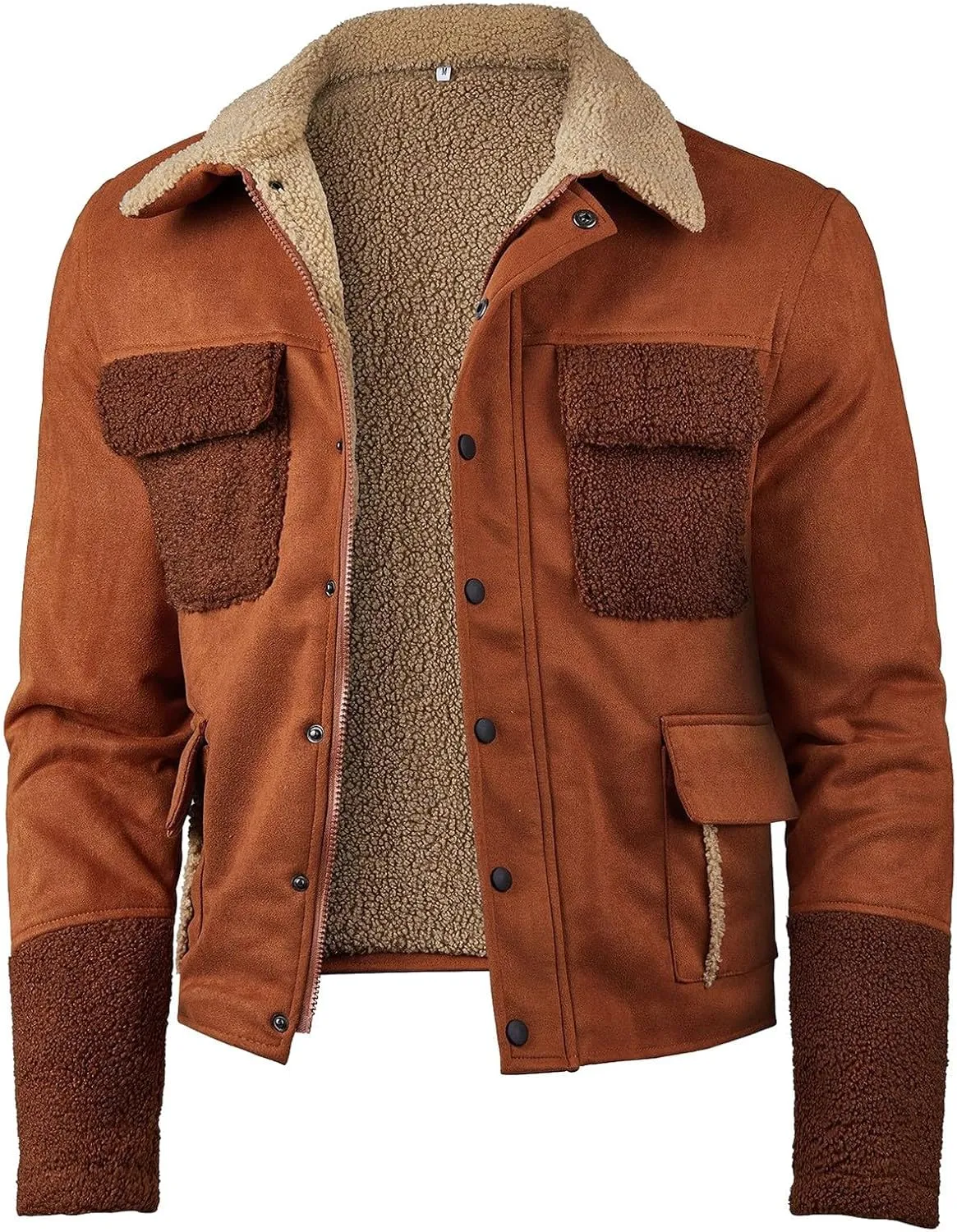 Men's Winter Sherpa Lined Jackets Shearing Collar Suede Leather Trucker Coats Long Sleeve Fleece Fuzzy Work Jacket