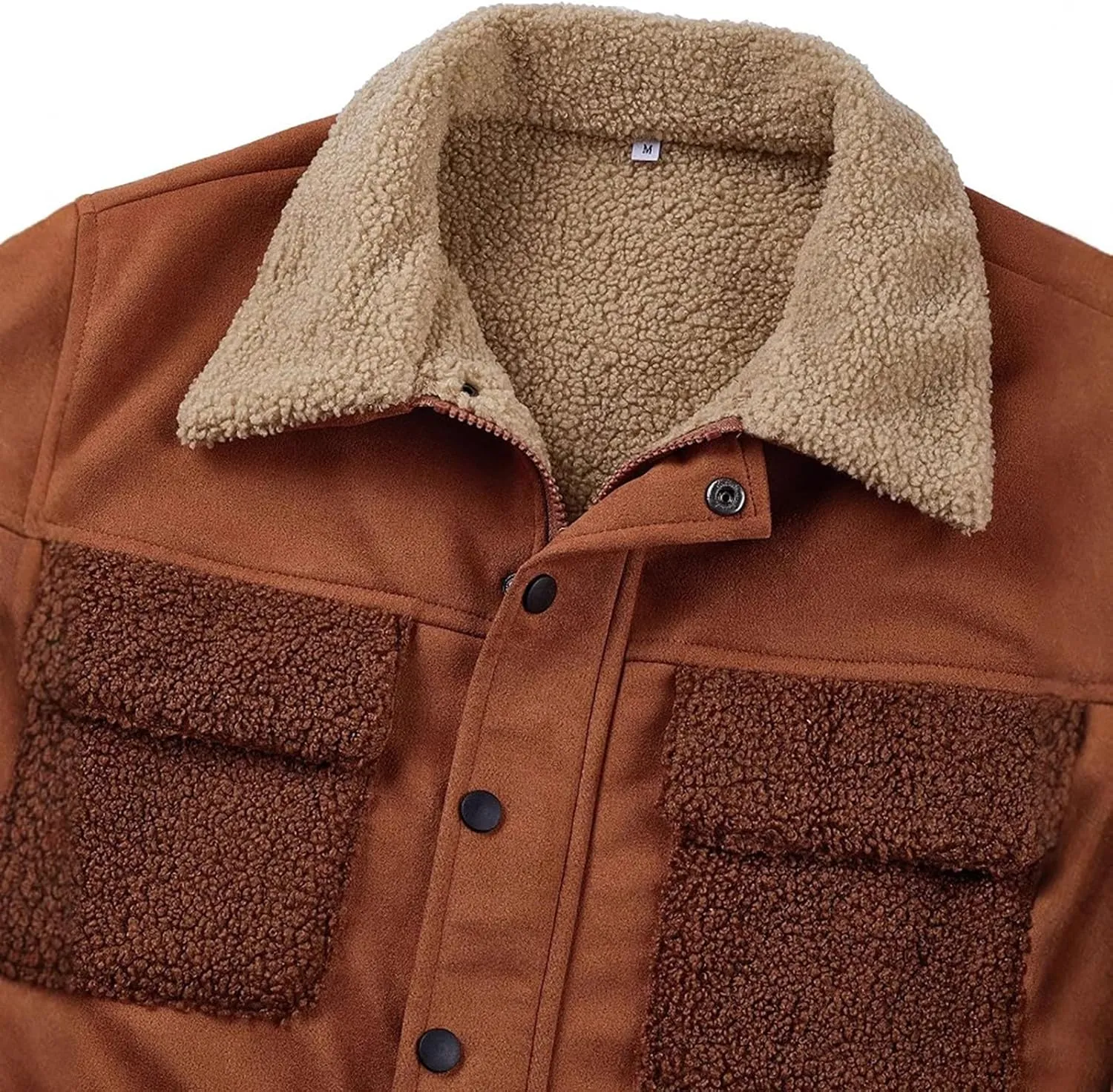 Men's Winter Sherpa Lined Jackets Shearing Collar Suede Leather Trucker Coats Long Sleeve Fleece Fuzzy Work Jacket