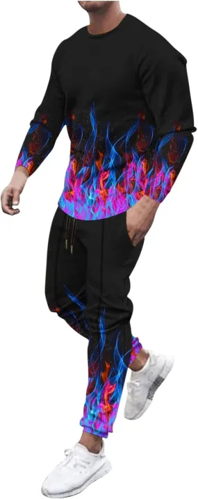 Muscularfit Men's Casual Tracksuit Long Sleeve Running Jogging Sweatsuit Causal Long Sleeve 3D Flame Print Sweatsuit 2 Piece